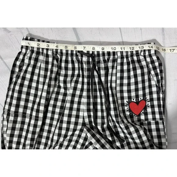 Keith Haring Pajama Set Womens Medium Black Gingham Check Heart Love Cotton - Picture 12 of 15